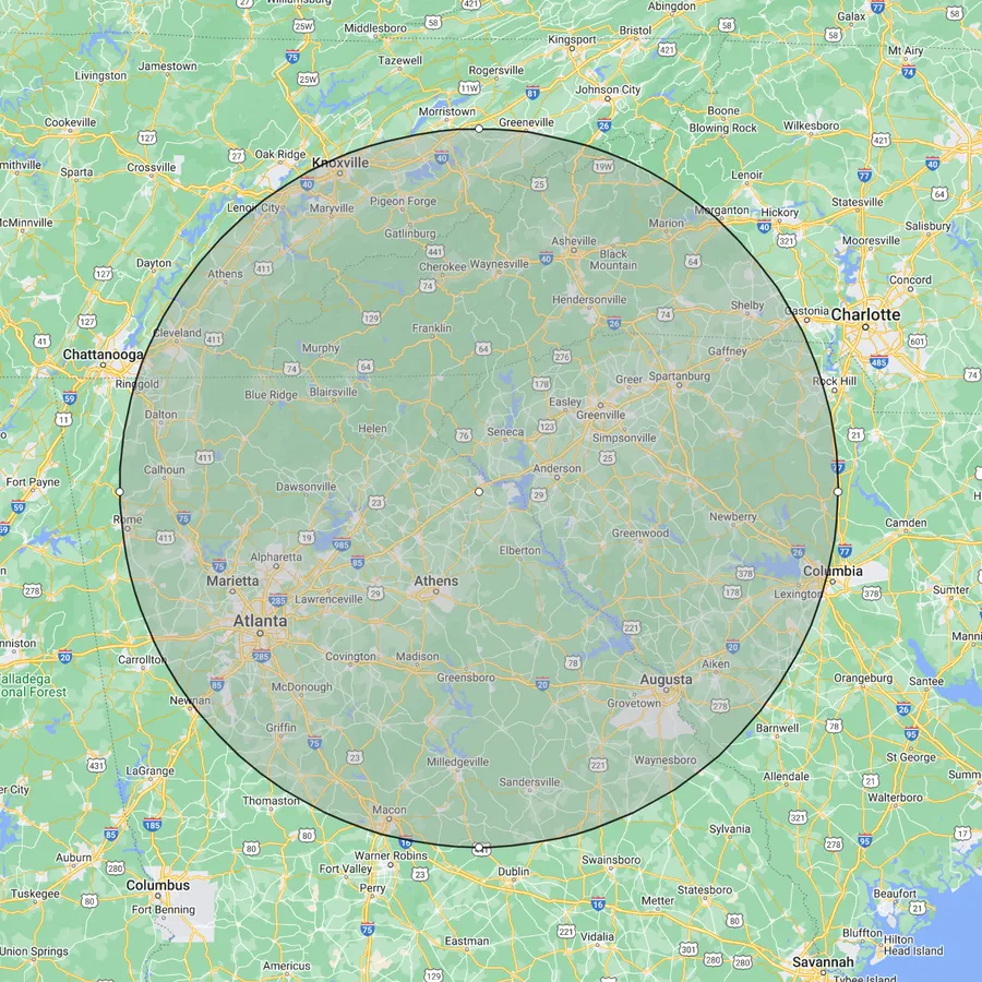 Map highlighting the 120 mile service radius around Lavonia, Georgia